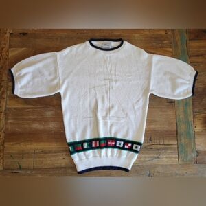 Vintage Alicia Womens Small Nautical White Blue Knit Short Sleeve Sweater Beach